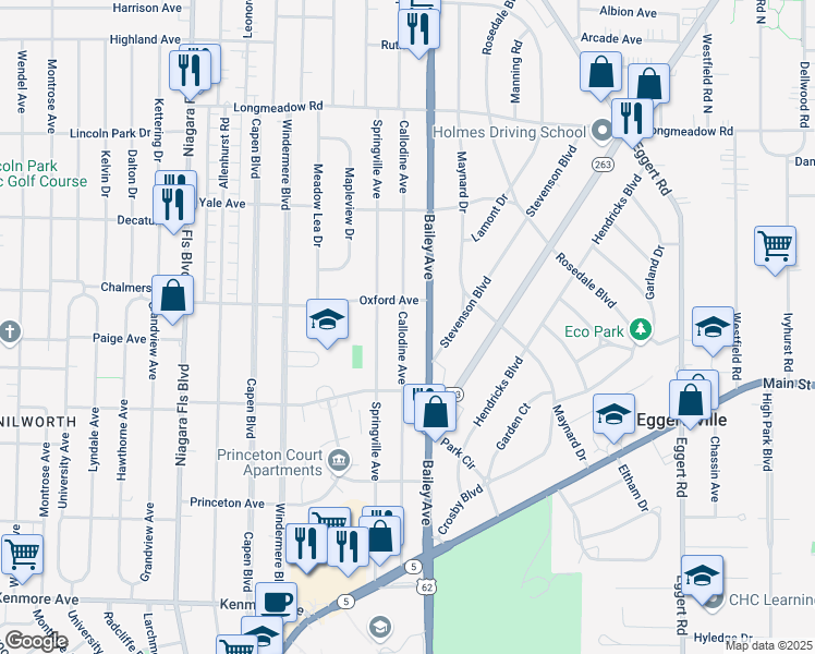 map of restaurants, bars, coffee shops, grocery stores, and more near 251 Callodine Avenue in Buffalo