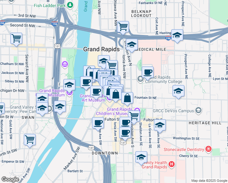 map of restaurants, bars, coffee shops, grocery stores, and more near 100 Monroe Center Street Northwest in Grand Rapids