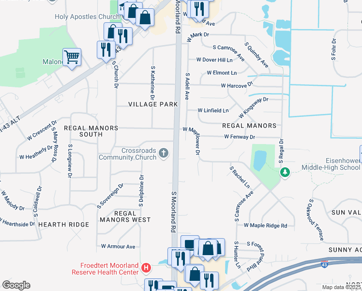 map of restaurants, bars, coffee shops, grocery stores, and more near 4310 South Moorland Road in New Berlin