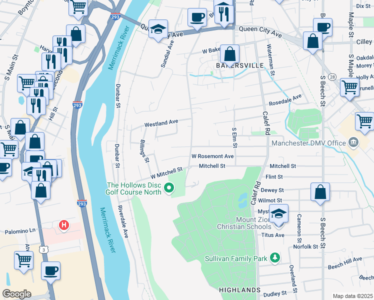 map of restaurants, bars, coffee shops, grocery stores, and more near 182 West Elmwood Avenue in Manchester