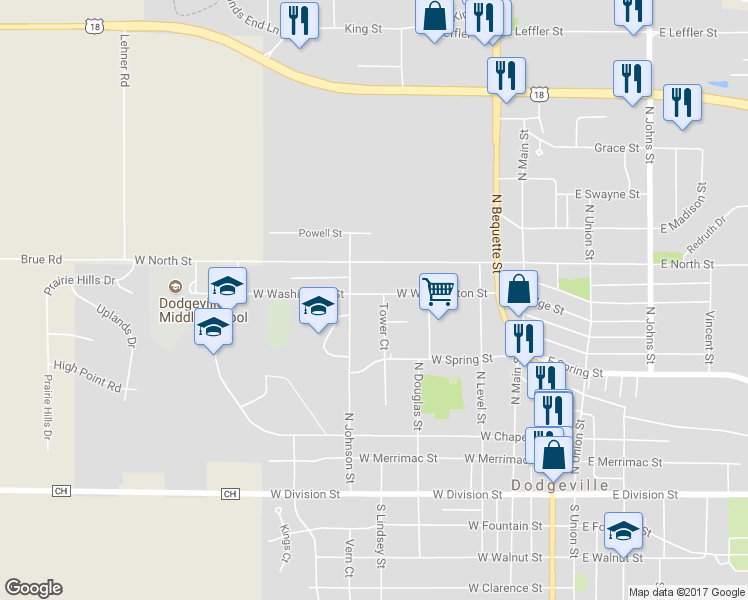 map of restaurants, bars, coffee shops, grocery stores, and more near 423 West Washington Street in Dodgeville