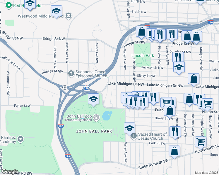 map of restaurants, bars, coffee shops, grocery stores, and more near 80 John Ball Park Drive Northwest in Grand Rapids