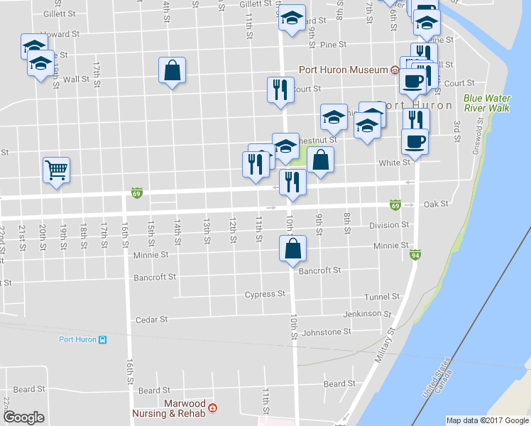 map of restaurants, bars, coffee shops, grocery stores, and more near 1034 Oak Street in Port Huron