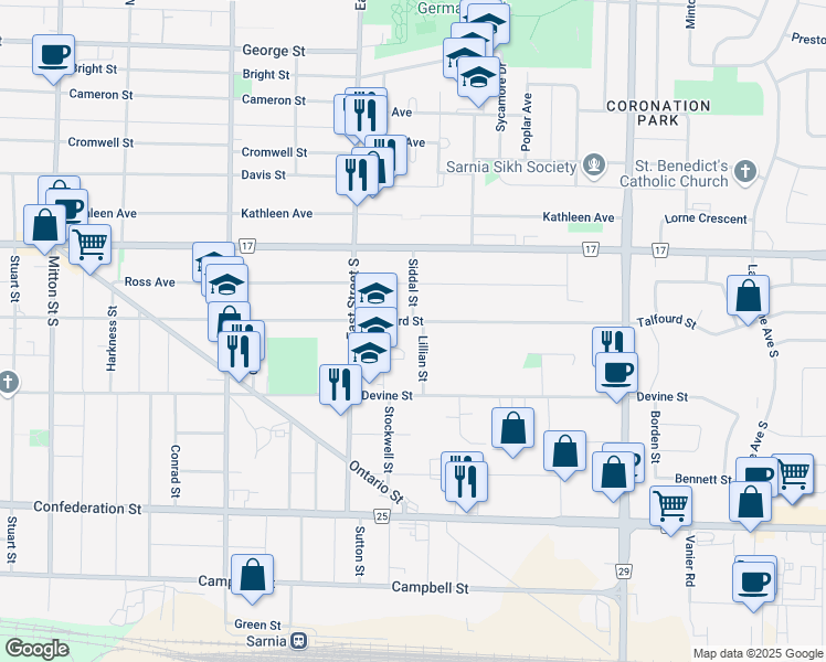map of restaurants, bars, coffee shops, grocery stores, and more near 749 Talfourd Street in Sarnia