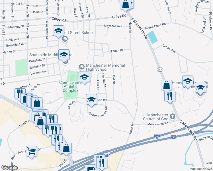 map of restaurants, bars, coffee shops, grocery stores, and more near 156 Roysan Street in Manchester