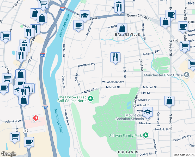 map of restaurants, bars, coffee shops, grocery stores, and more near 182 West Elmwood Avenue in Manchester