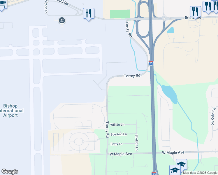 map of restaurants, bars, coffee shops, grocery stores, and more near 4267 Torrey Road in Flint