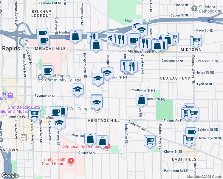 map of restaurants, bars, coffee shops, grocery stores, and more near 127 Campbell Place Northeast in Grand Rapids