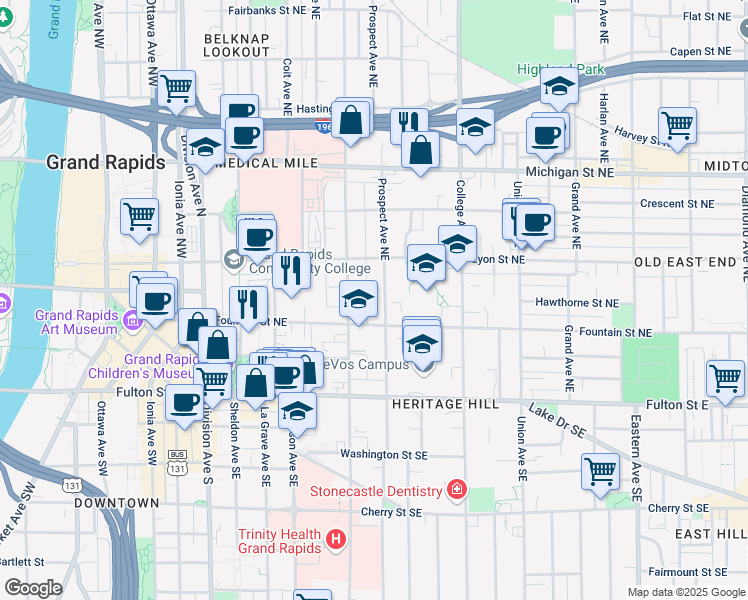 map of restaurants, bars, coffee shops, grocery stores, and more near 117 Prospect Avenue Northeast in Grand Rapids