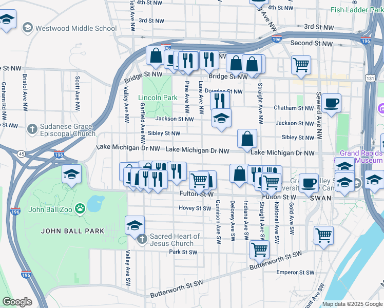 map of restaurants, bars, coffee shops, grocery stores, and more near 1022 Lake Michigan Drive Northwest in Grand Rapids