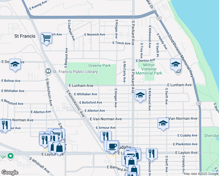 map of restaurants, bars, coffee shops, grocery stores, and more near 3435 East Lunham Avenue in Cudahy