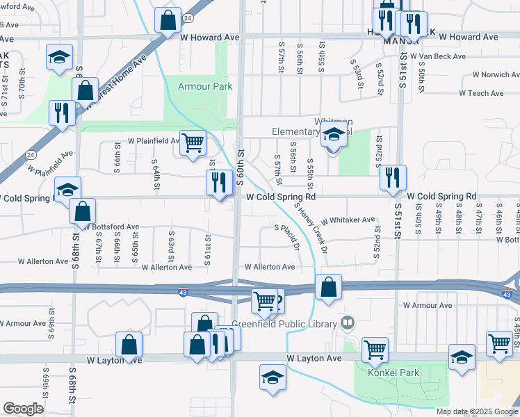 map of restaurants, bars, coffee shops, grocery stores, and more near 5931 West Cold Spring Road in Greenfield