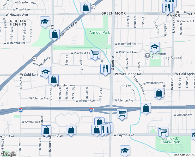 map of restaurants, bars, coffee shops, grocery stores, and more near 6143 West Cold Spring Road in Greenfield