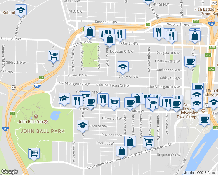 map of restaurants, bars, coffee shops, grocery stores, and more near 1022 Lake Michigan Drive Northwest in Grand Rapids