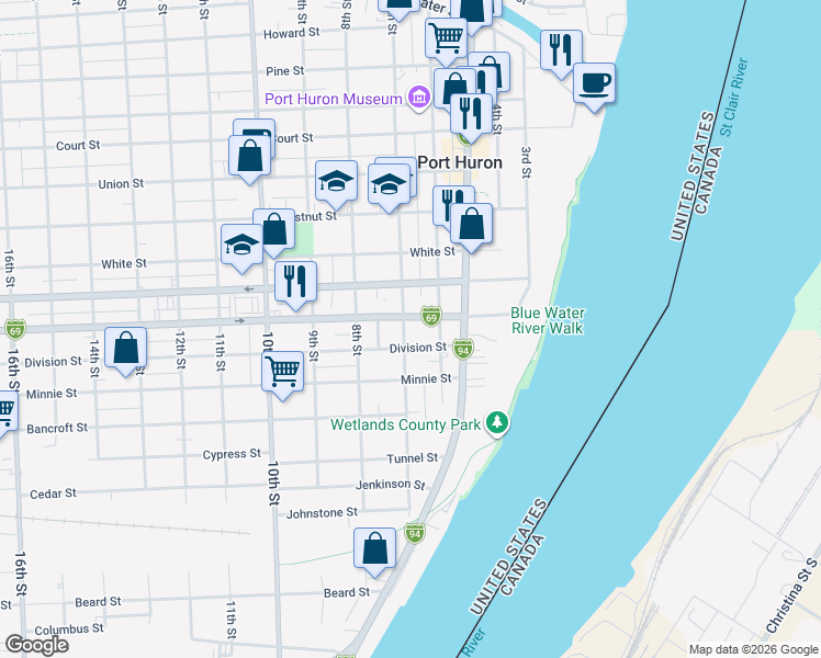 map of restaurants, bars, coffee shops, grocery stores, and more near 1712 7th Street in Port Huron