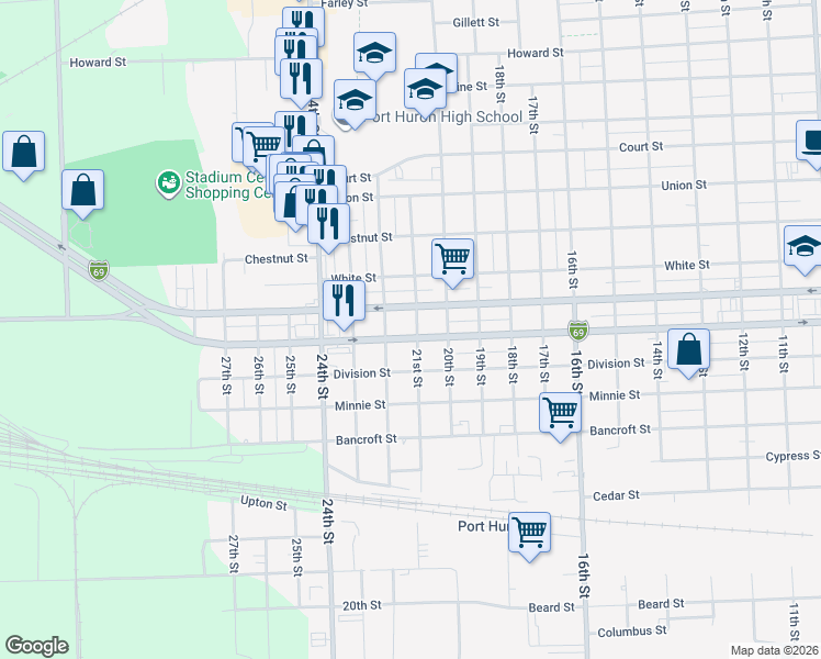 map of restaurants, bars, coffee shops, grocery stores, and more near 1619 21st Street in Port Huron