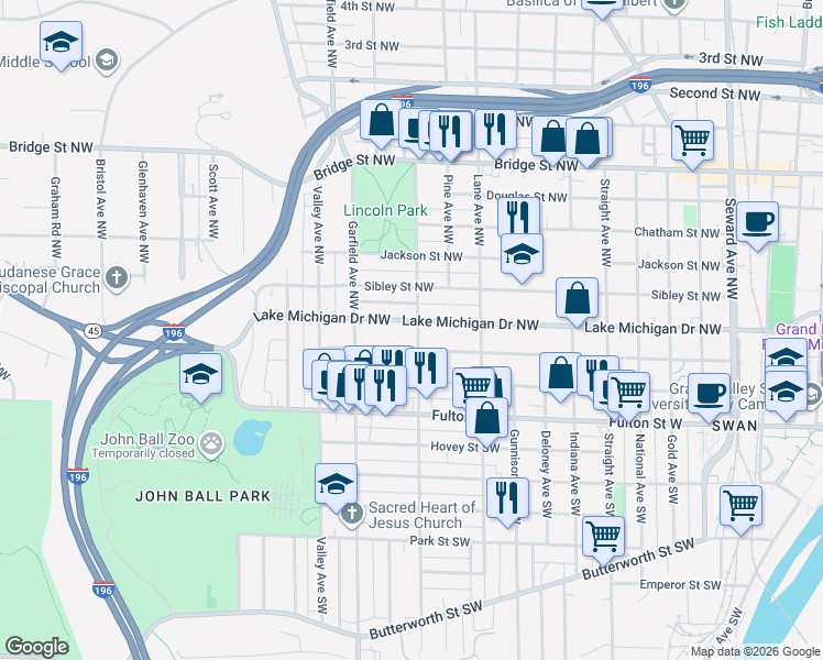 map of restaurants, bars, coffee shops, grocery stores, and more near 109 Marion Avenue Southwest in Grand Rapids