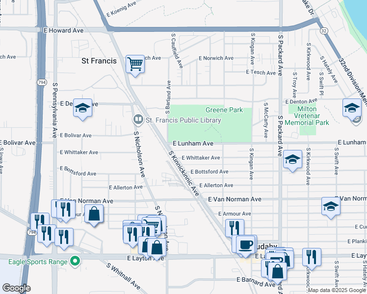 map of restaurants, bars, coffee shops, grocery stores, and more near 3243 East Lunham Avenue in Cudahy