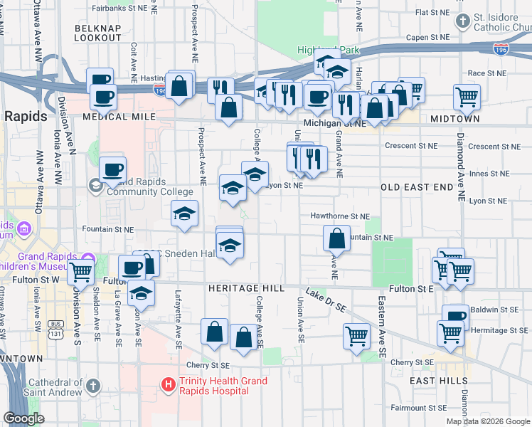map of restaurants, bars, coffee shops, grocery stores, and more near 127 Campbell Place Northeast in Grand Rapids