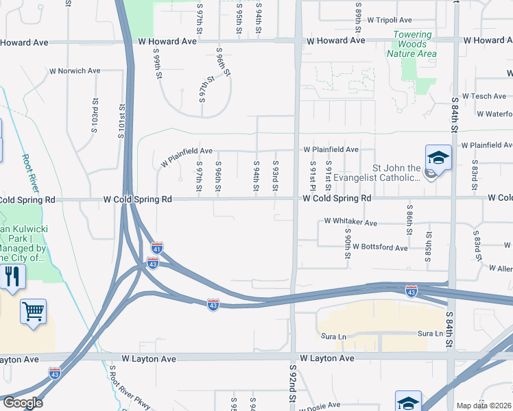 map of restaurants, bars, coffee shops, grocery stores, and more near 9331 West Cold Spring Road in Greenfield