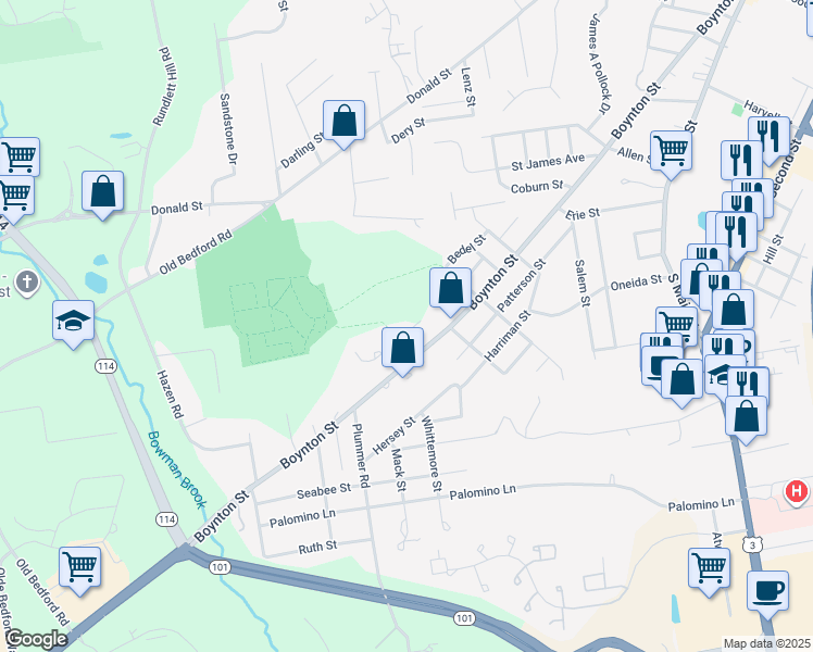 map of restaurants, bars, coffee shops, grocery stores, and more near 9 Servant Street in Bedford