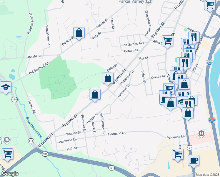 map of restaurants, bars, coffee shops, grocery stores, and more near 374 Boynton Street in Manchester