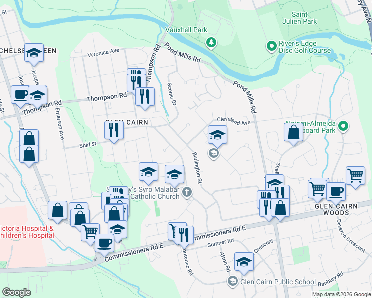 map of restaurants, bars, coffee shops, grocery stores, and more near 205 Burlington Street in London