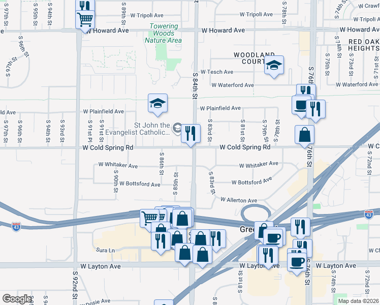 map of restaurants, bars, coffee shops, grocery stores, and more near 4305 South 84th Street in Greenfield