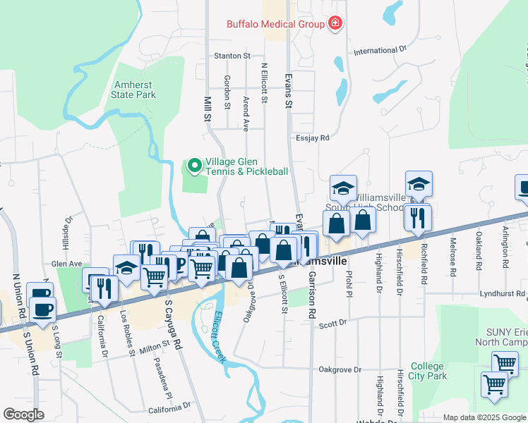map of restaurants, bars, coffee shops, grocery stores, and more near 94 North Ellicott Street in Buffalo