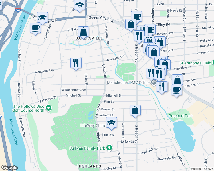 map of restaurants, bars, coffee shops, grocery stores, and more near 369 Calef Road in Manchester