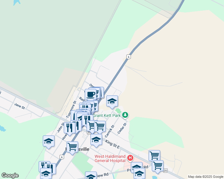 map of restaurants, bars, coffee shops, grocery stores, and more near 64 Main Street North in Hagersville