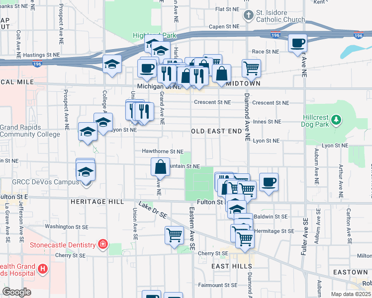 map of restaurants, bars, coffee shops, grocery stores, and more near 761 Hawthorne Street Northeast in Grand Rapids
