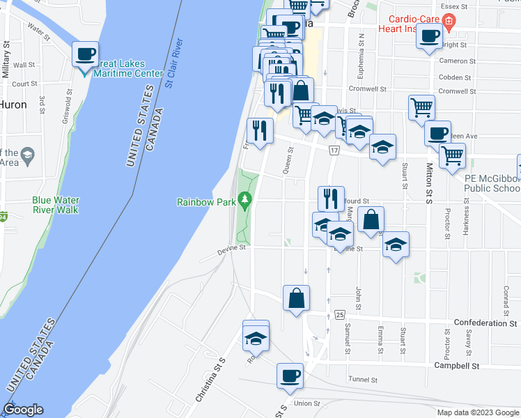 map of restaurants, bars, coffee shops, grocery stores, and more near 236 Christina Street South in Sarnia