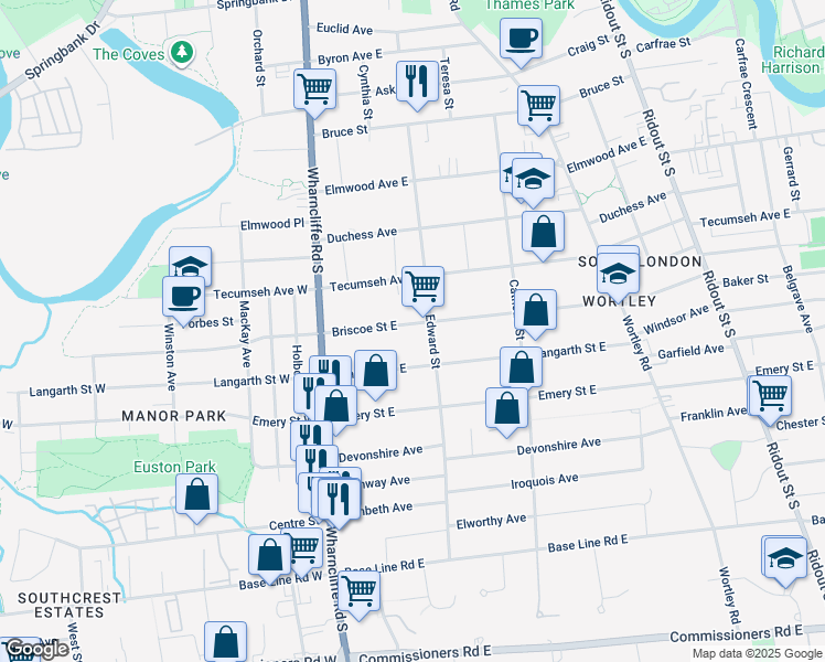 map of restaurants, bars, coffee shops, grocery stores, and more near 63 Briscoe Street East in London