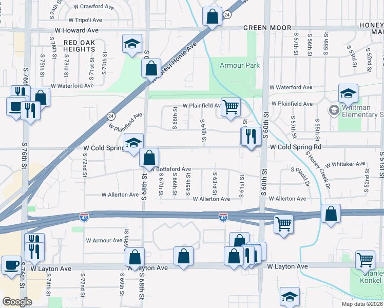 map of restaurants, bars, coffee shops, grocery stores, and more near 6439 West Cold Spring Road in Greenfield