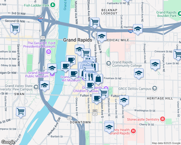 map of restaurants, bars, coffee shops, grocery stores, and more near 146 Monroe Center Street Northwest in Grand Rapids