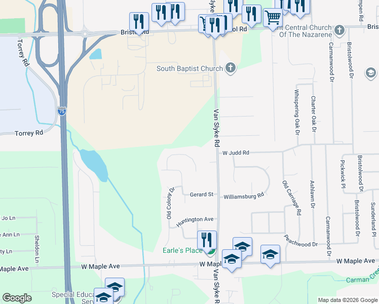 map of restaurants, bars, coffee shops, grocery stores, and more near 2070 Kingswood Drive in Flint