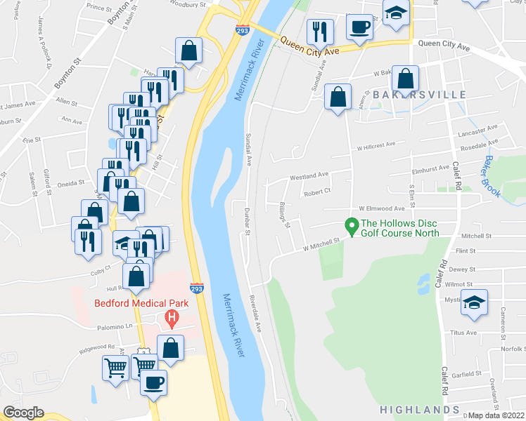 map of restaurants, bars, coffee shops, grocery stores, and more near 120 Wolcott Street in Manchester