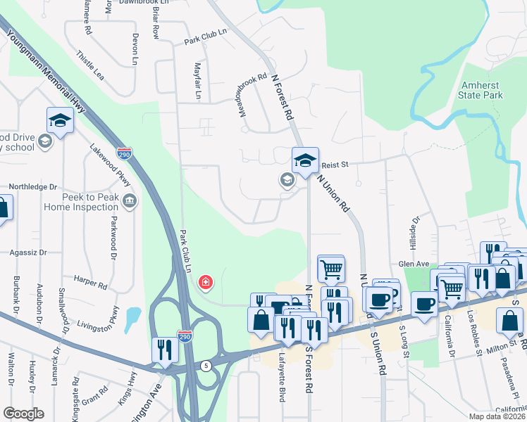 map of restaurants, bars, coffee shops, grocery stores, and more near 40 Scamridge Curve in Buffalo