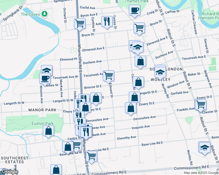 map of restaurants, bars, coffee shops, grocery stores, and more near 63 Briscoe Street East in London