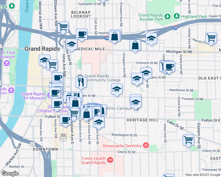 map of restaurants, bars, coffee shops, grocery stores, and more near 119 Lafayette Avenue Northeast in Grand Rapids