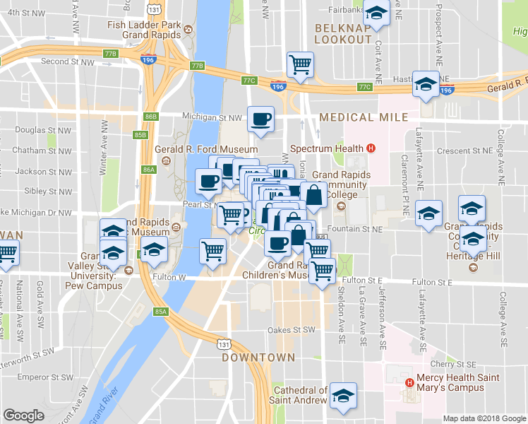 map of restaurants, bars, coffee shops, grocery stores, and more near 100 Monroe Center Street Northwest in Grand Rapids