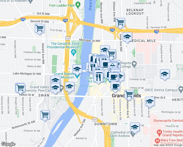 map of restaurants, bars, coffee shops, grocery stores, and more near 235 Louis Street Northwest in Grand Rapids