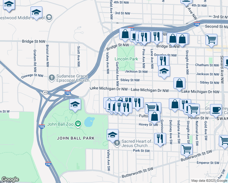 map of restaurants, bars, coffee shops, grocery stores, and more near 1215 California Street Northwest in Grand Rapids