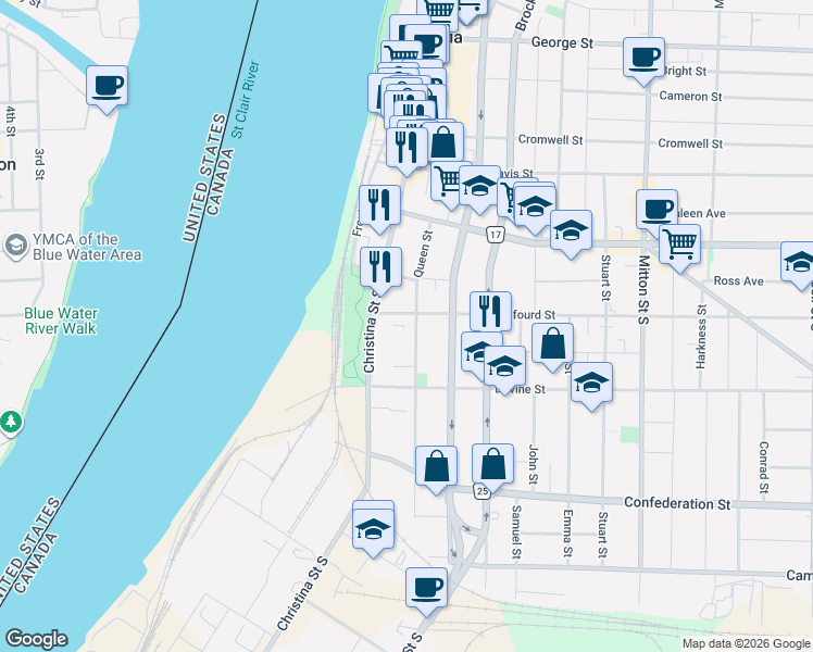 map of restaurants, bars, coffee shops, grocery stores, and more near 187 Queen Street in Sarnia