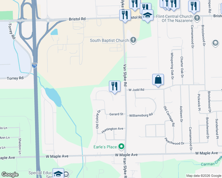 map of restaurants, bars, coffee shops, grocery stores, and more near 2070 Kingswood Drive in Flint