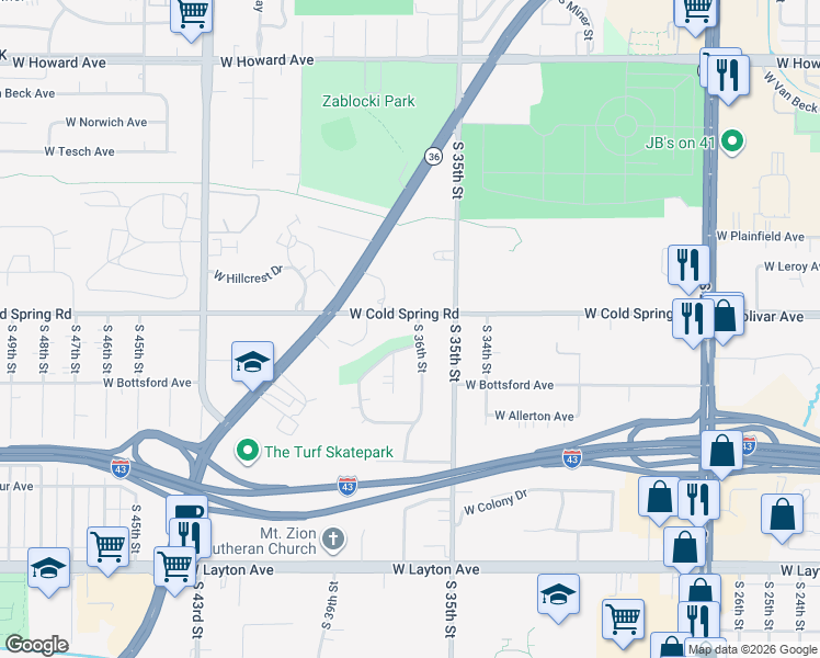map of restaurants, bars, coffee shops, grocery stores, and more near 4315 South 36th Street in Greenfield