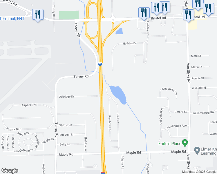 map of restaurants, bars, coffee shops, grocery stores, and more near 4407 Jena Lane in Flint