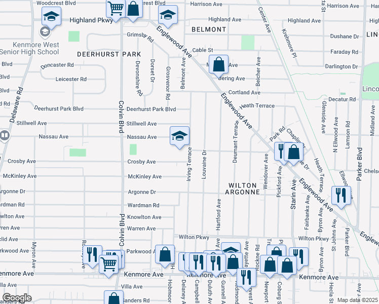 map of restaurants, bars, coffee shops, grocery stores, and more near 184 Irving Terrace in Erie County