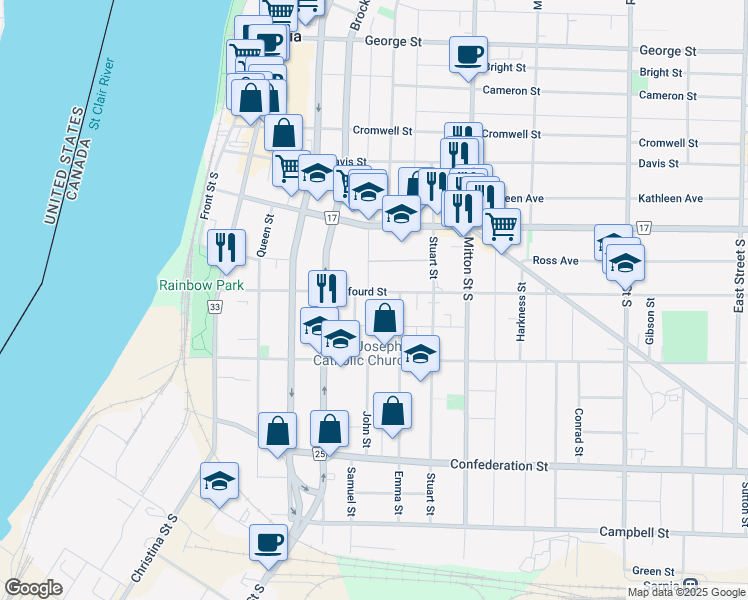 map of restaurants, bars, coffee shops, grocery stores, and more near 237 Talfourd Street in Sarnia